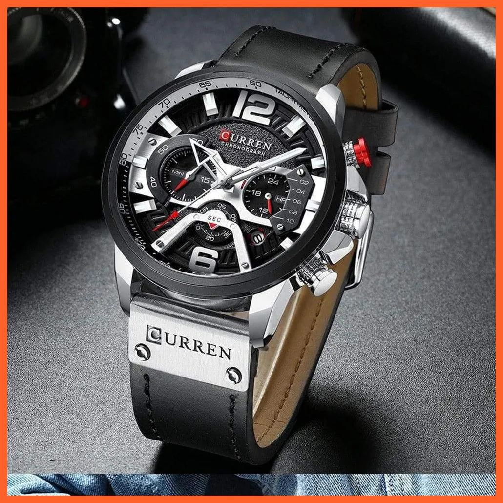 Men'S Casual Sport Watches | Blue Top Brand Luxury Military Leather Chronograph Wrist Watches