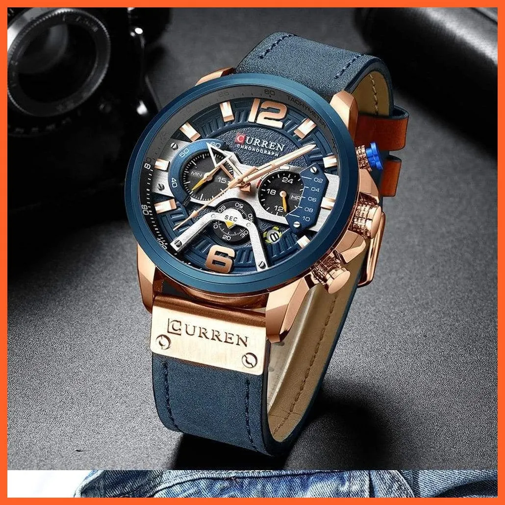 Men'S Casual Sport Watches | Blue Top Brand Luxury Military Leather Chronograph Wrist Watches