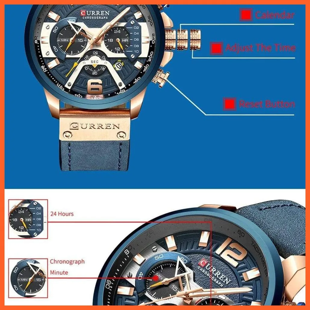 Men'S Casual Sport Watches | Blue Top Brand Luxury Military Leather Chronograph Wrist Watches