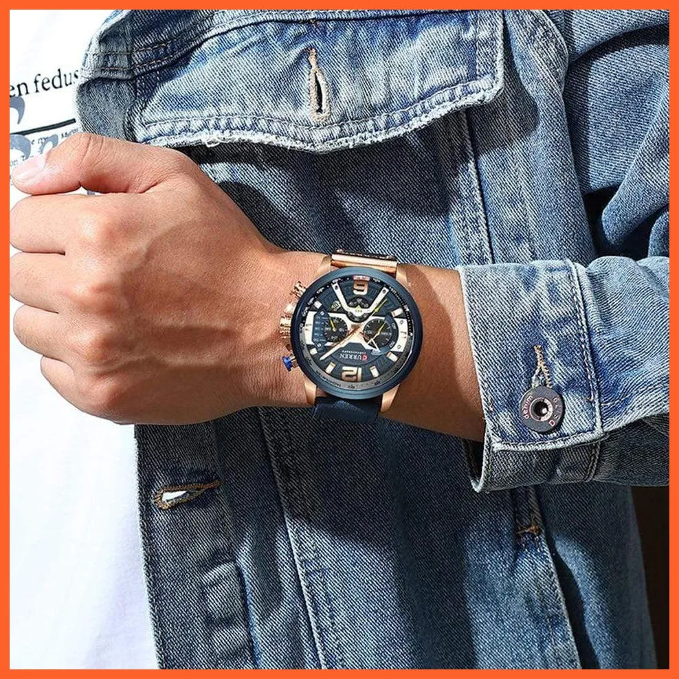 Men'S Casual Sport Watches | Blue Top Brand Luxury Military Leather Chronograph Wrist Watches