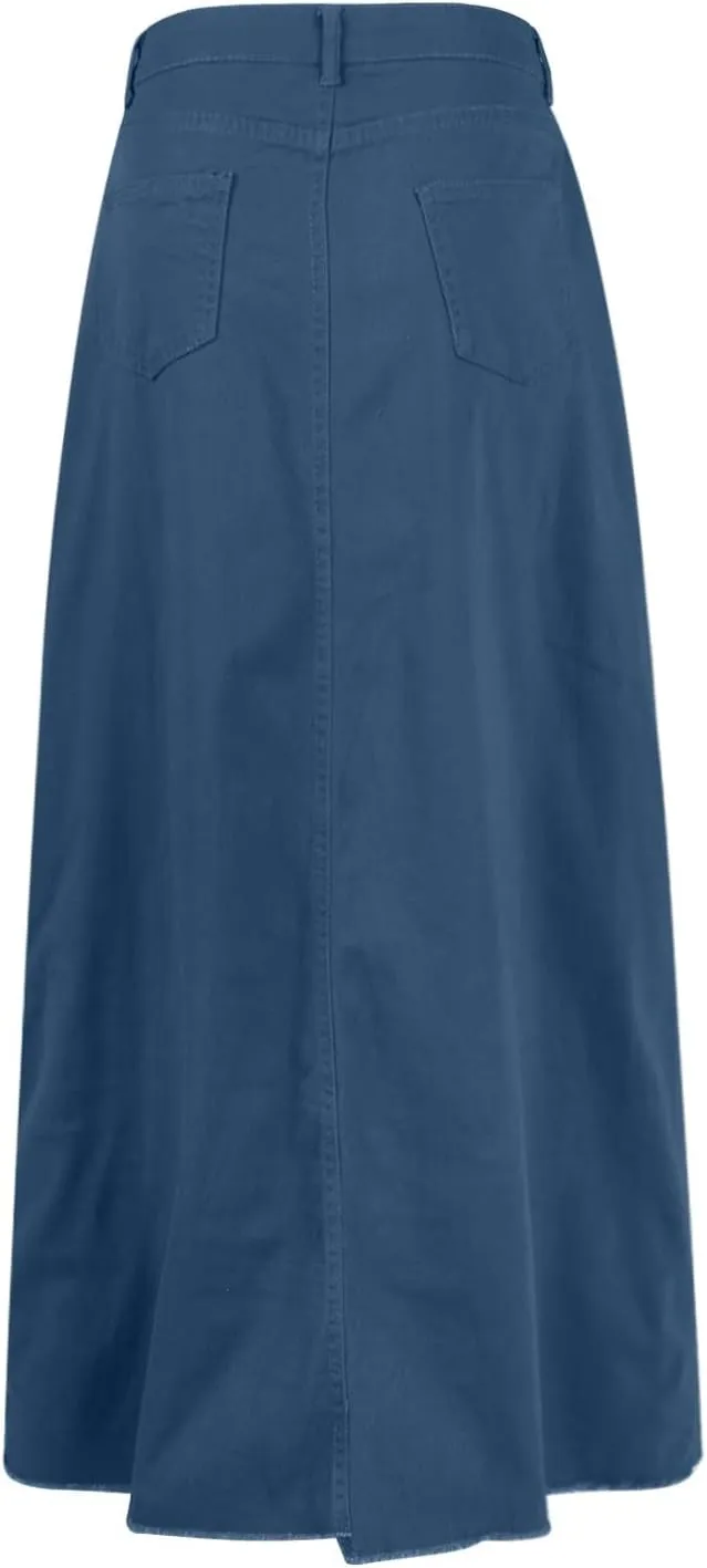 midelxp Jean Skirts for Women Summer Y2k High Waisted Maxi Skirts with Pockets Casual Frayed Raw Hem Long Denim Skirt