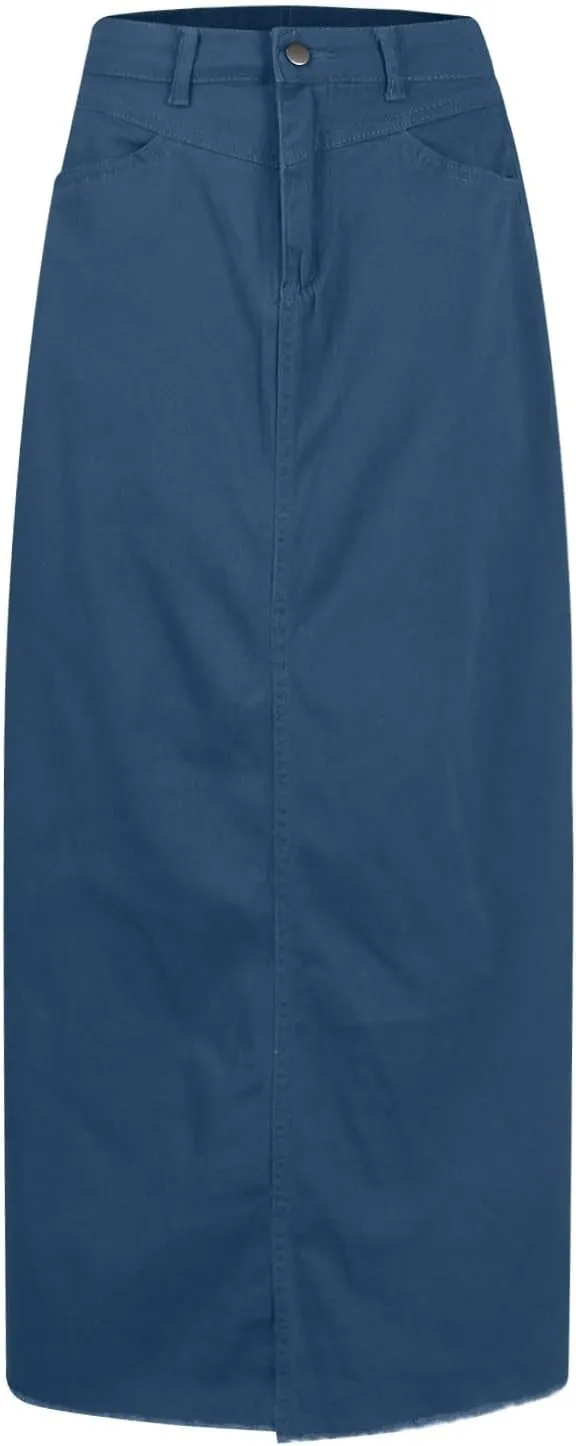 midelxp Jean Skirts for Women Summer Y2k High Waisted Maxi Skirts with Pockets Casual Frayed Raw Hem Long Denim Skirt