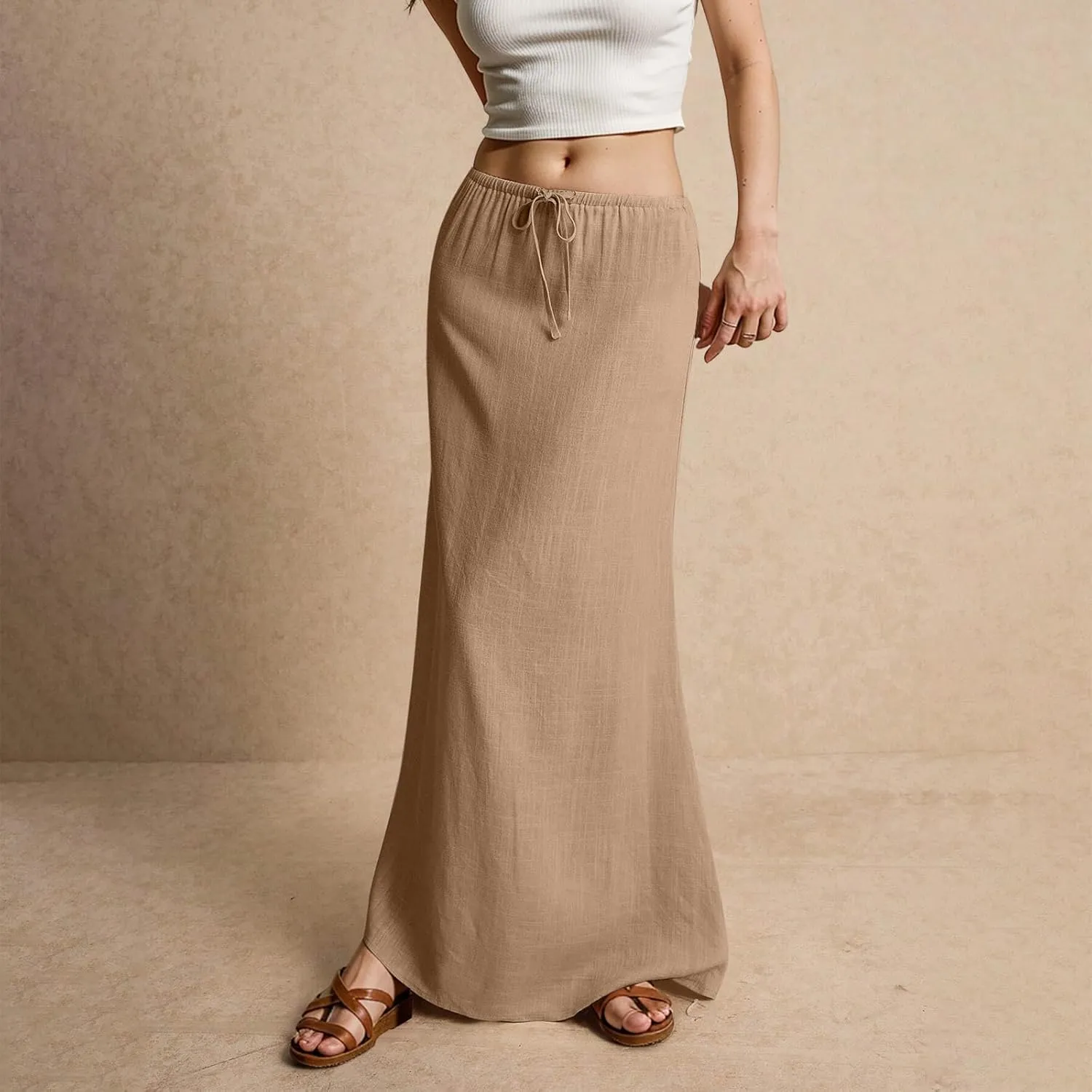 midelxp Linen Maxi Skirts for Women Trendy Summer Comfy Drawstring Waist A Line Skirts Cute Vacation Boho Long Flowy Skirts