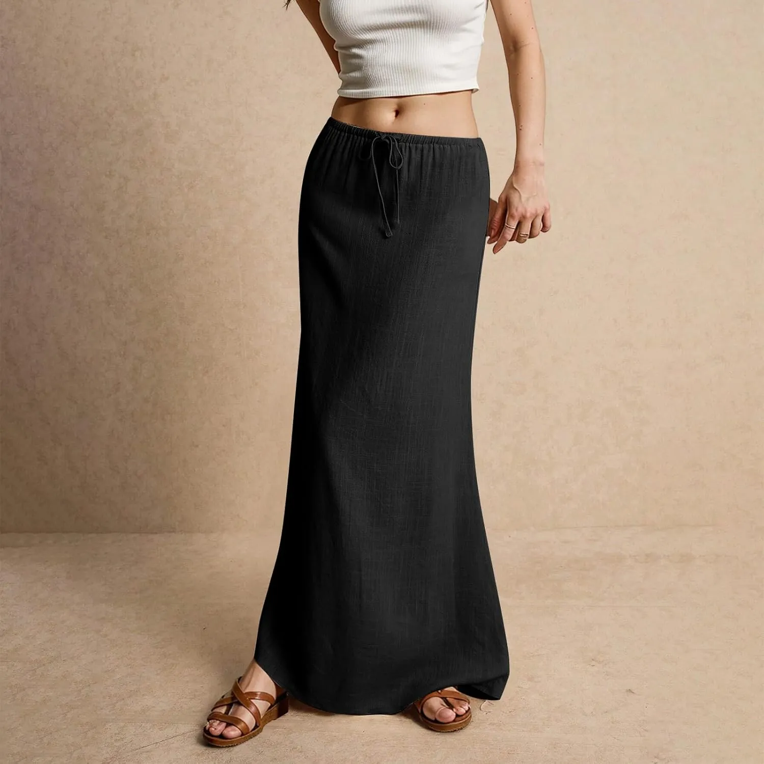 midelxp Linen Maxi Skirts for Women Trendy Summer Comfy Drawstring Waist A Line Skirts Cute Vacation Boho Long Flowy Skirts