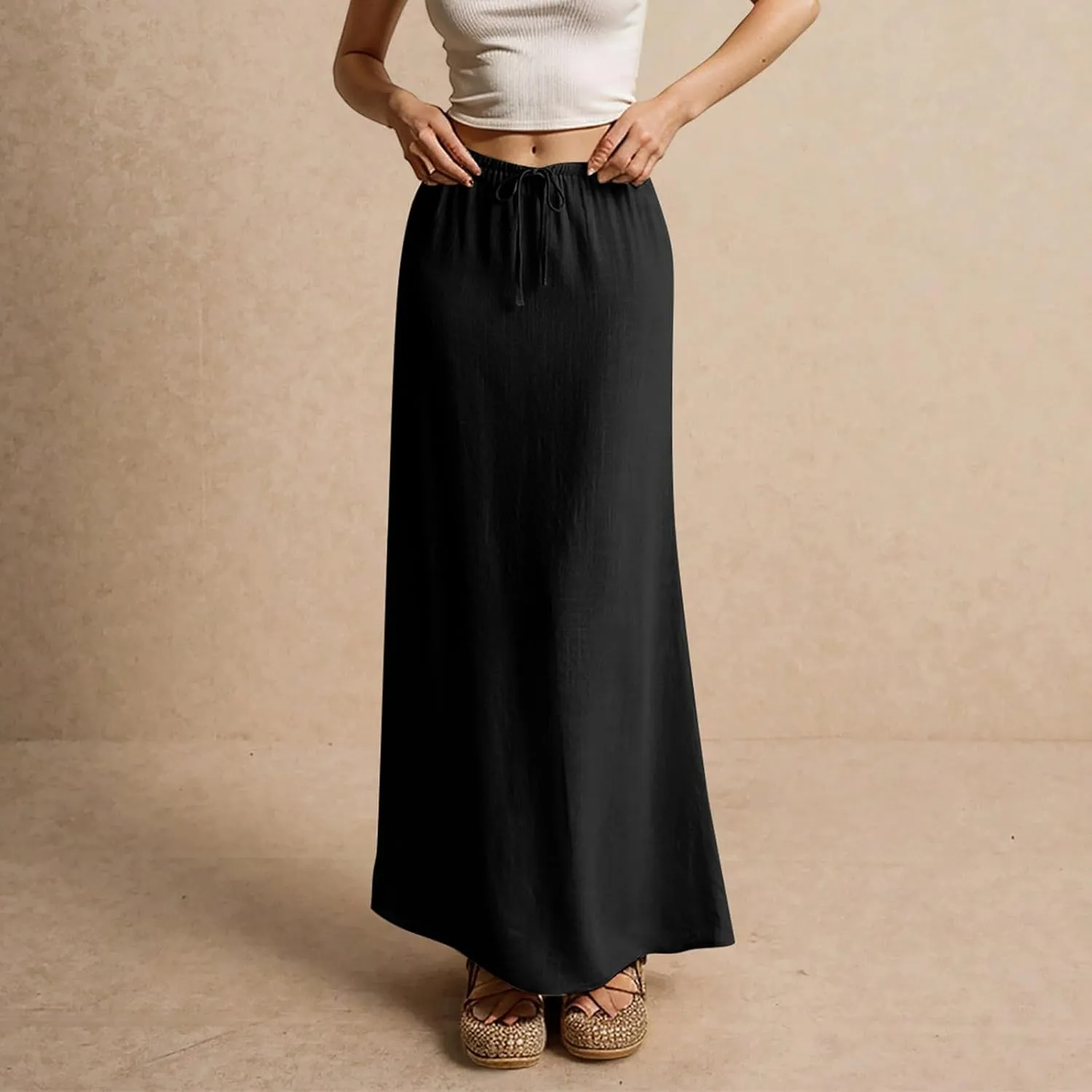 midelxp Linen Maxi Skirts for Women Trendy Summer Comfy Drawstring Waist A Line Skirts Cute Vacation Boho Long Flowy Skirts