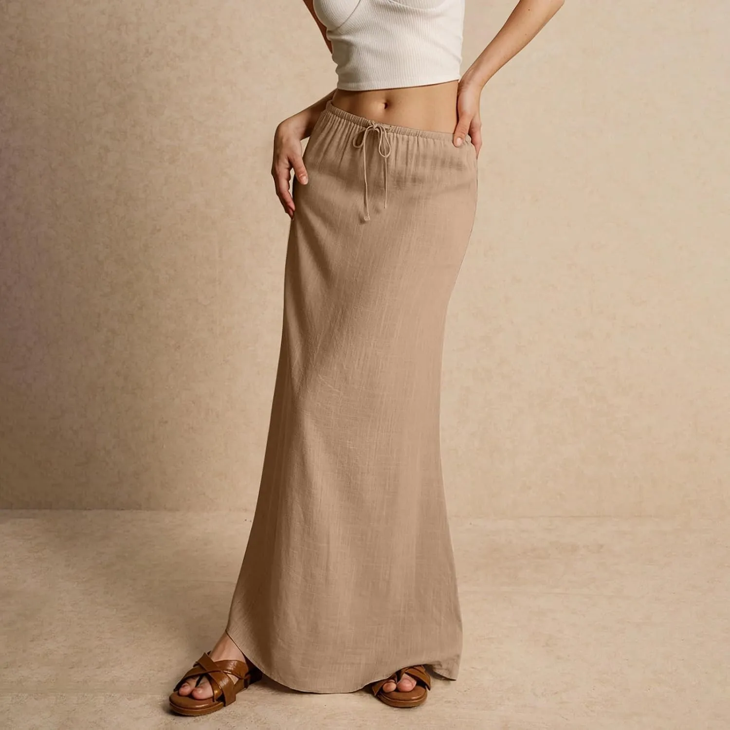 midelxp Linen Maxi Skirts for Women Trendy Summer Comfy Drawstring Waist A Line Skirts Cute Vacation Boho Long Flowy Skirts