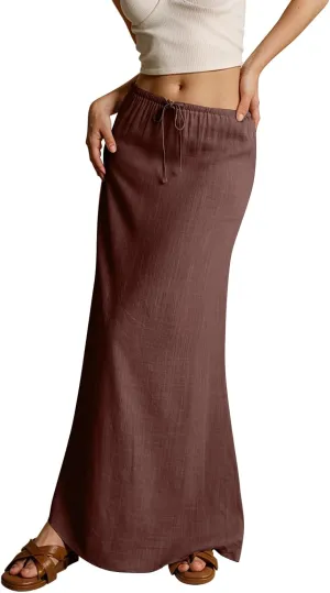 midelxp Linen Maxi Skirts for Women Trendy Summer Comfy Drawstring Waist A Line Skirts Cute Vacation Boho Long Flowy Skirts