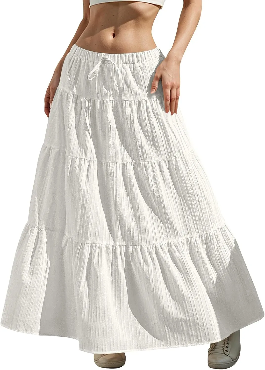 midelxp Tiered Long Skirts for Women Summer Vacation A-Line Pleated Skirt Drawstring High Waisted Flowy Swing Maxi Skirts
