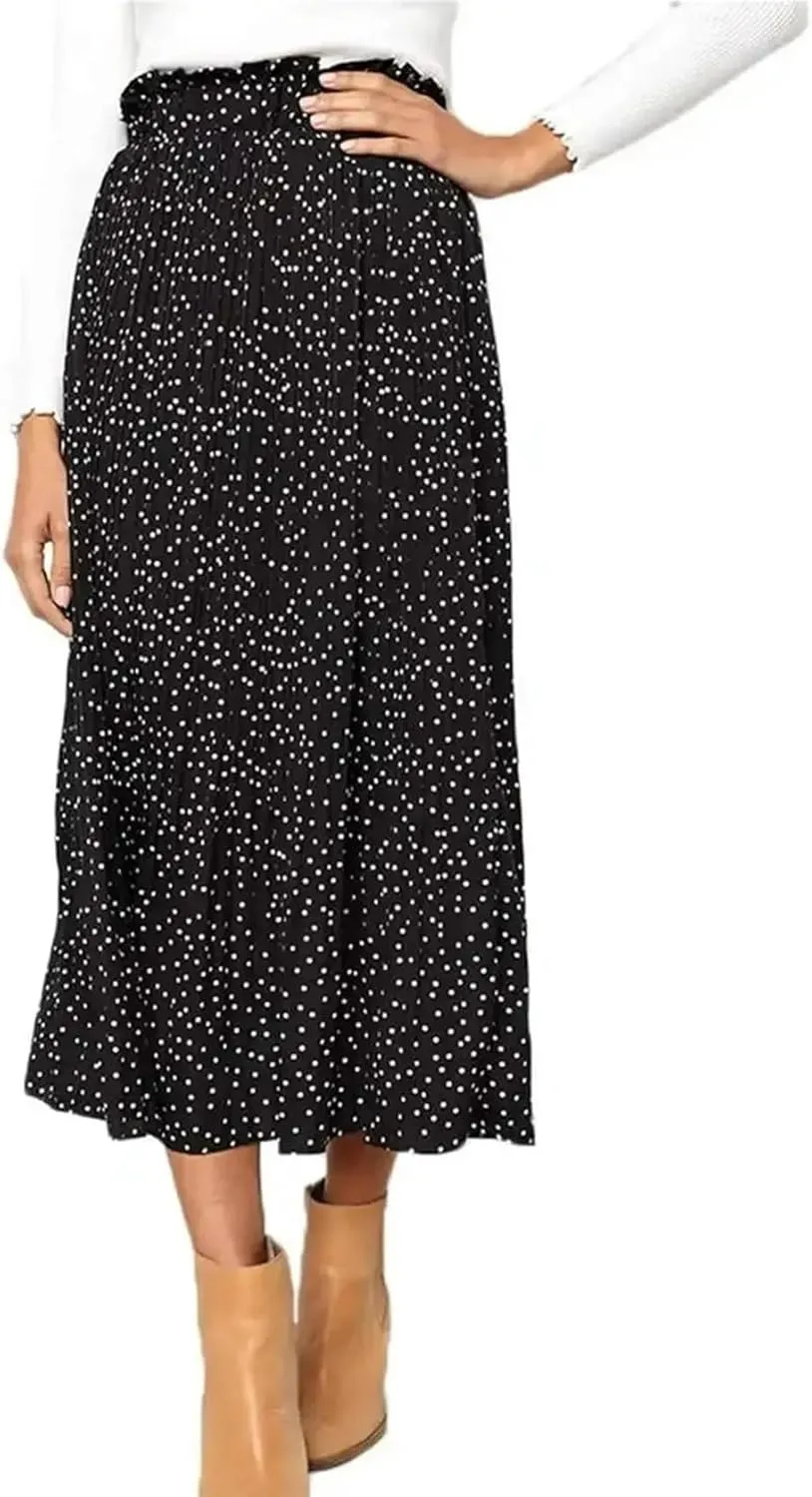 Midi Pleated Skirts for Women Polka Dot Swing High Waist Maxi Skirt with Pockets Dresses