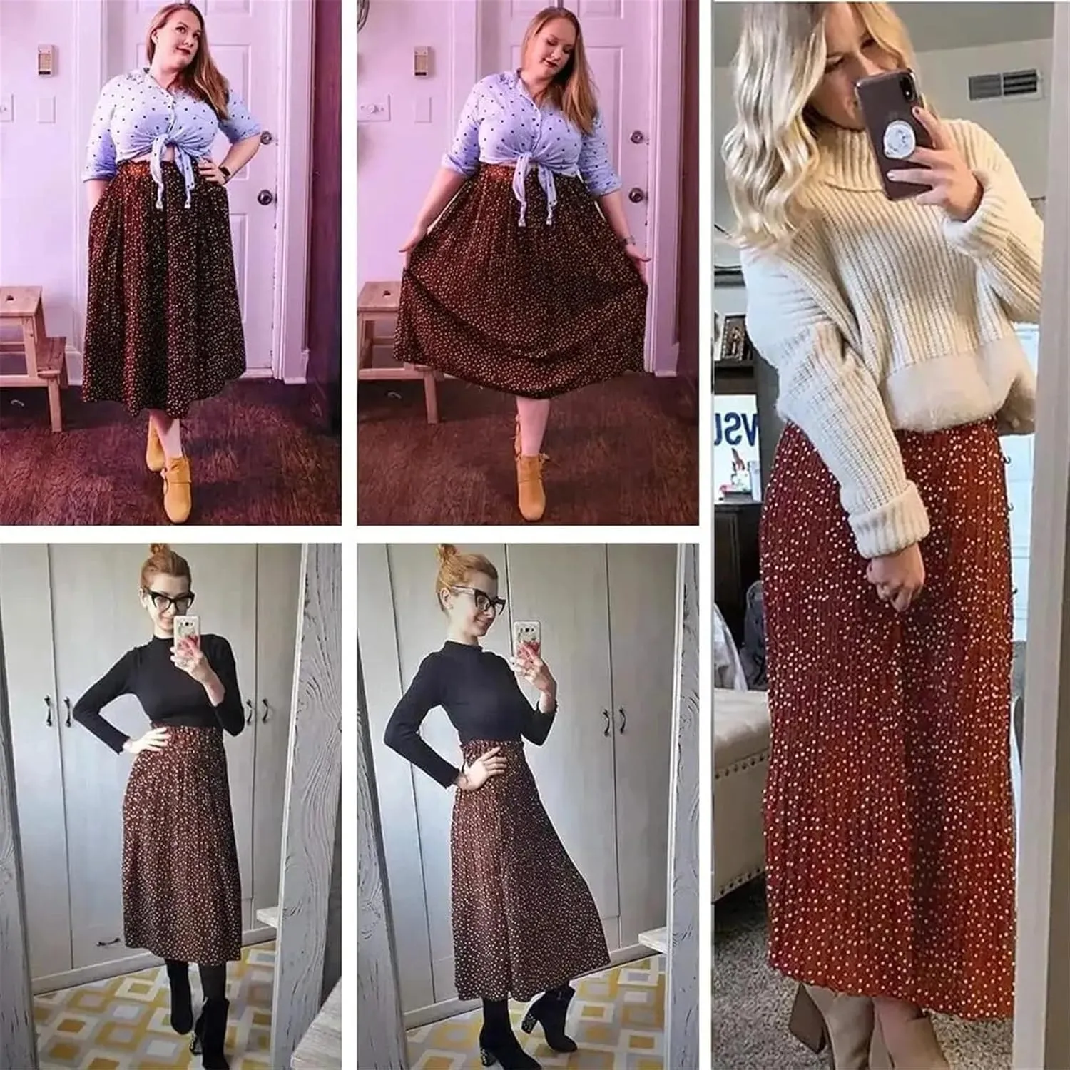 Midi Pleated Skirts for Women Polka Dot Swing High Waist Maxi Skirt with Pockets Dresses