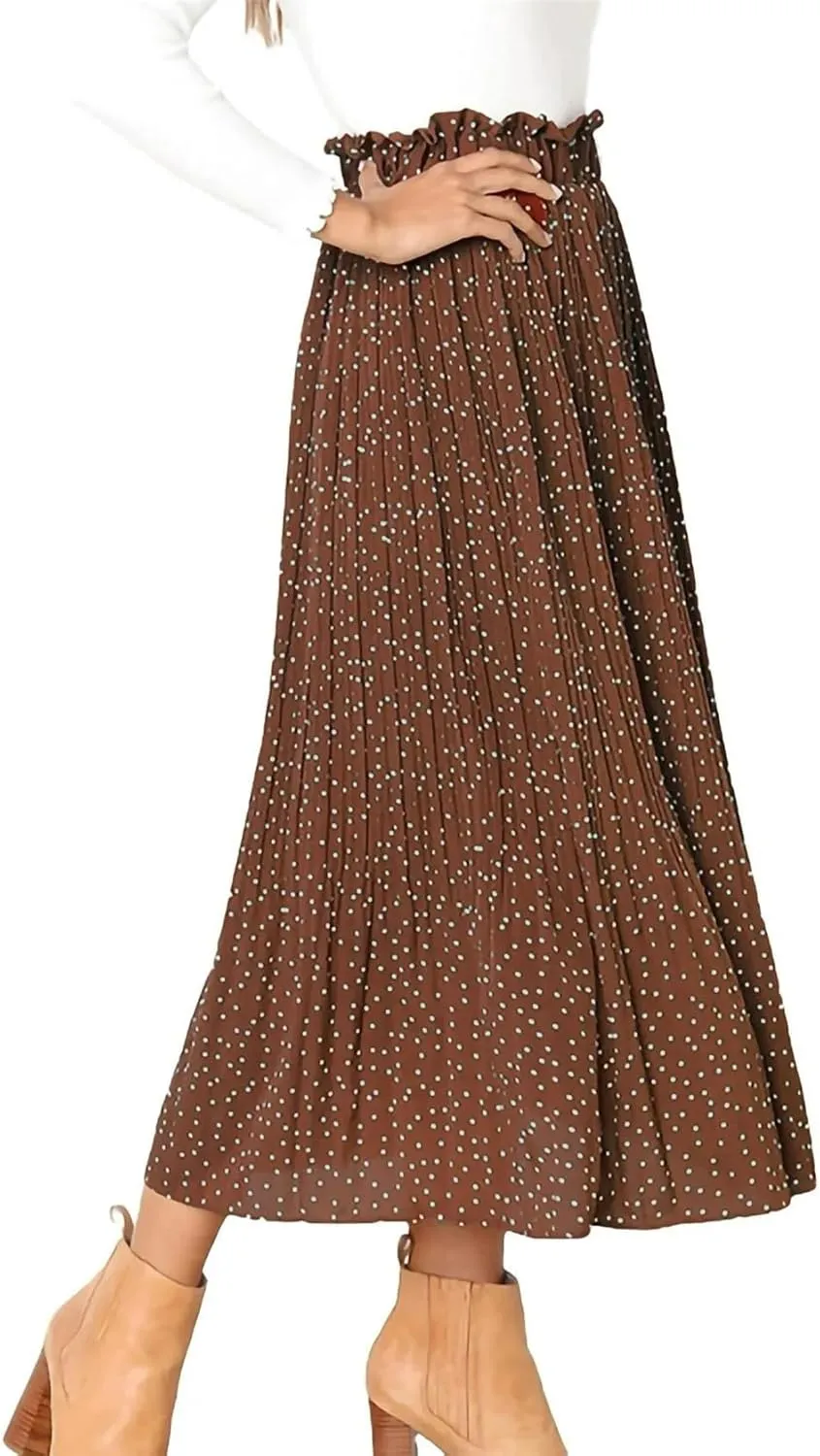 Midi Pleated Skirts for Women Polka Dot Swing High Waist Maxi Skirt with Pockets Dresses