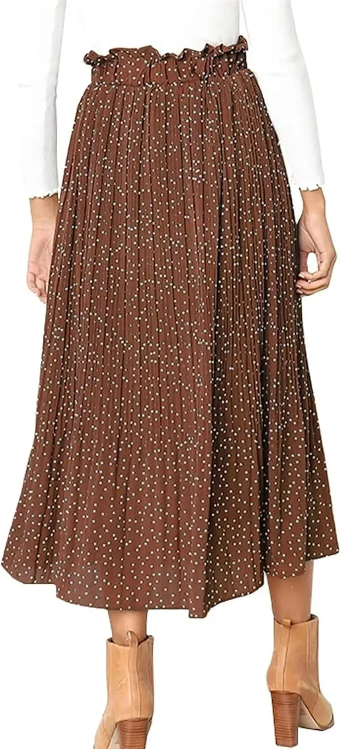 Midi Pleated Skirts for Women Polka Dot Swing High Waist Maxi Skirt with Pockets Dresses