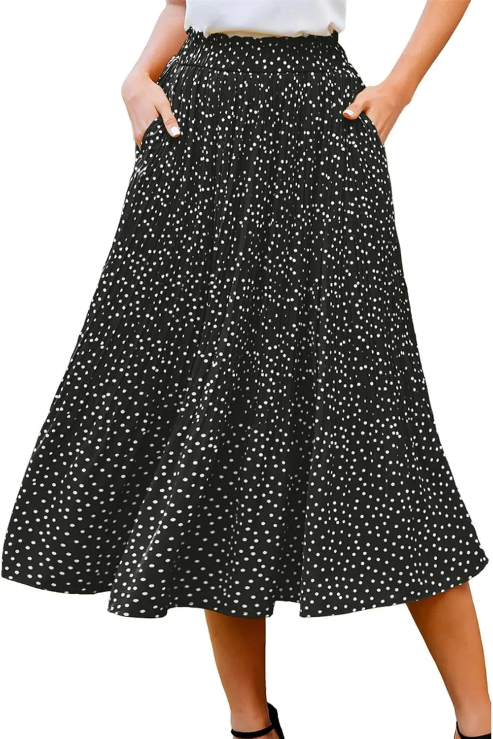 Midi Pleated Skirts for Women Polka Dot Swing High Waist Maxi Skirt with Pockets Dresses