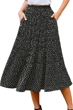 Midi Pleated Skirts for Women Polka Dot Swing High Waist Maxi Skirt with Pockets Dresses