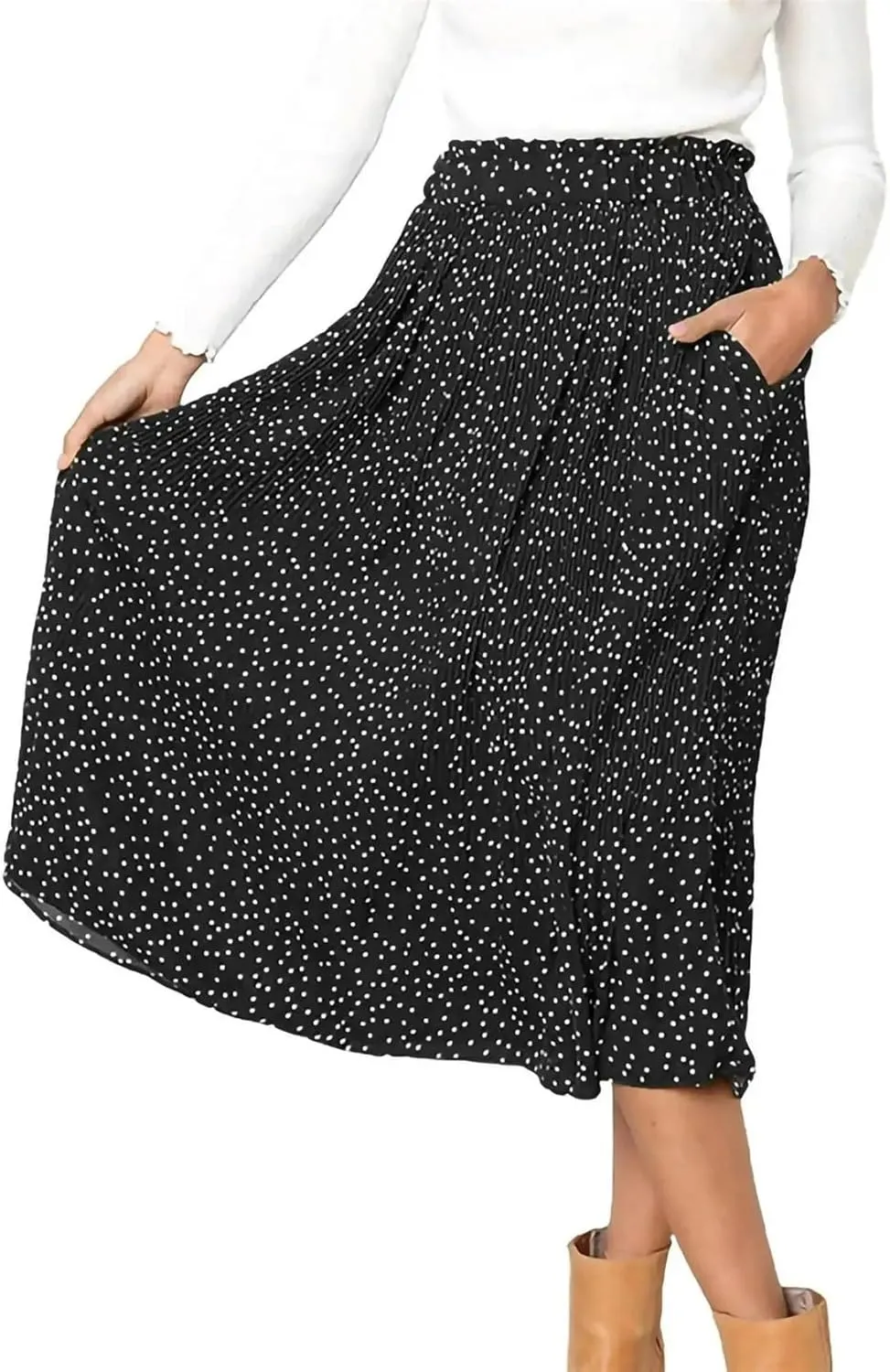 Midi Pleated Skirts for Women Polka Dot Swing High Waist Maxi Skirt with Pockets Dresses