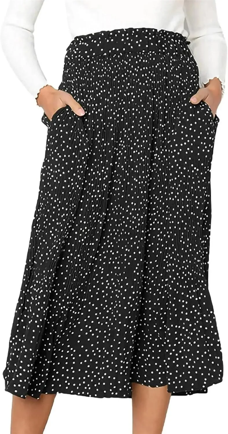Midi Pleated Skirts for Women Polka Dot Swing High Waist Maxi Skirt with Pockets Dresses