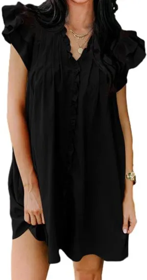 Mini Dresses for Women V Neck Ruffle Cap Short Sleeve Dress Casual Flowy Pleated A Line Sundress Soft Casual Shirt Dress