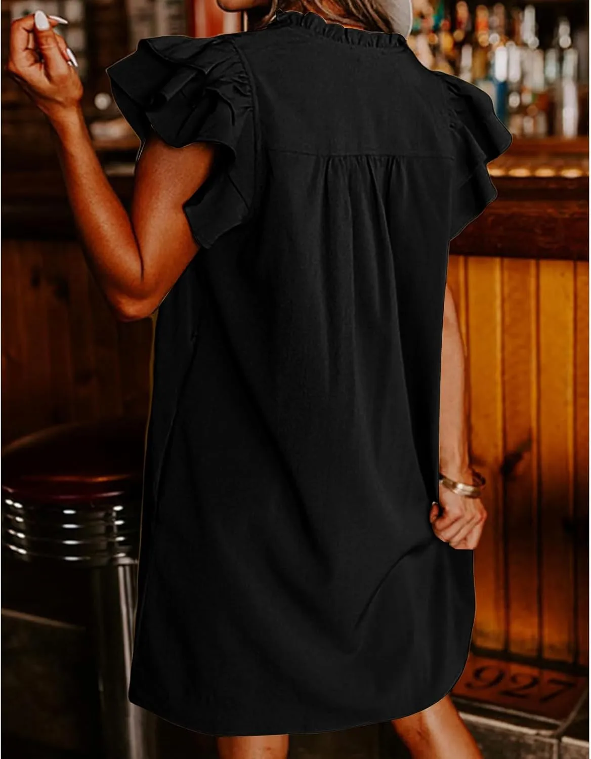 Mini Dresses for Women V Neck Ruffle Cap Short Sleeve Dress Casual Flowy Pleated A Line Sundress Soft Casual Shirt Dress