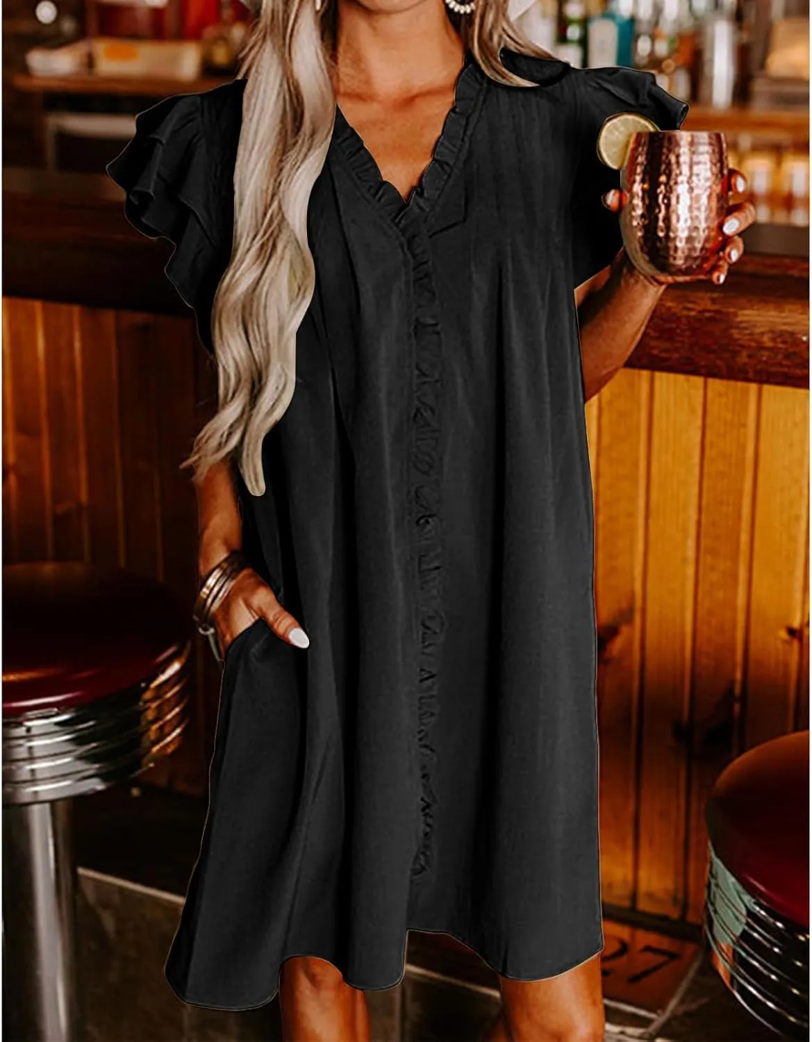 Mini Dresses for Women V Neck Ruffle Cap Short Sleeve Dress Casual Flowy Pleated A Line Sundress Soft Casual Shirt Dress