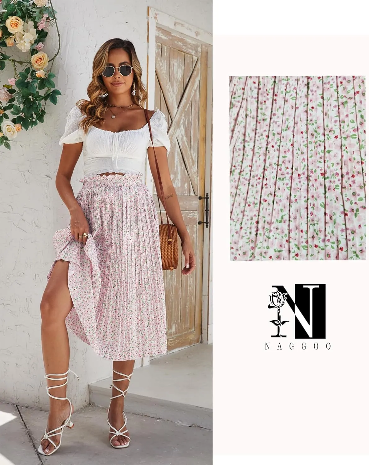 Naggoo Women's Skirts High Elastic Waisted Casual Skirt Pleated Floral/Solid Midi Skirts with Pockets