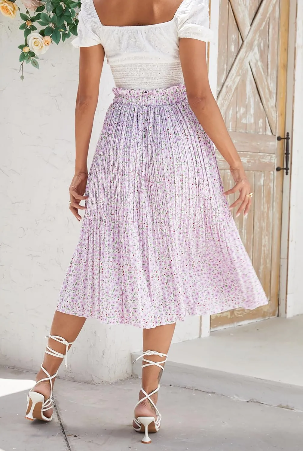 Naggoo Women's Skirts High Elastic Waisted Casual Skirt Pleated Floral/Solid Midi Skirts with Pockets