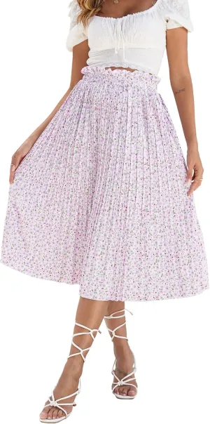 Naggoo Women's Skirts High Elastic Waisted Casual Skirt Pleated Floral/Solid Midi Skirts with Pockets