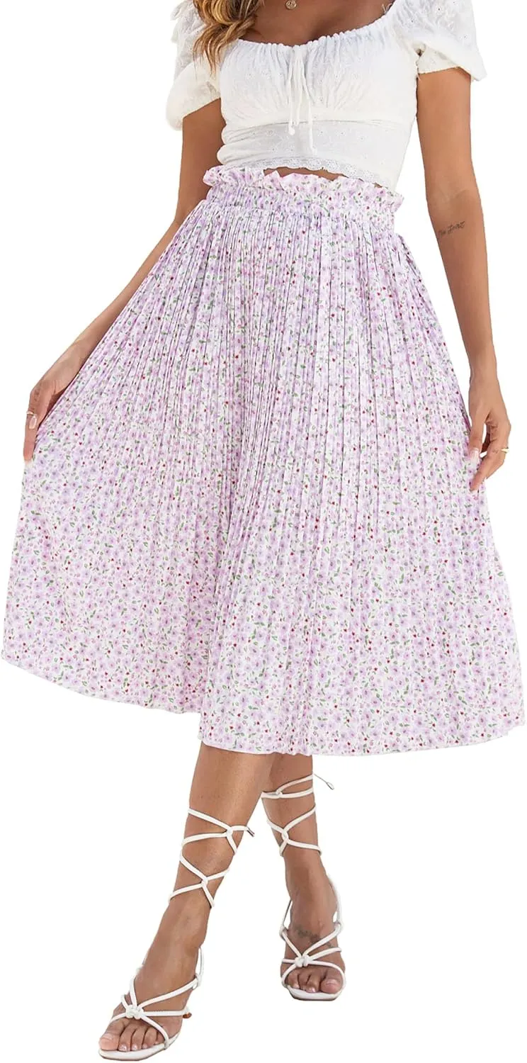 Naggoo Women's Skirts High Elastic Waisted Casual Skirt Pleated Floral/Solid Midi Skirts with Pockets