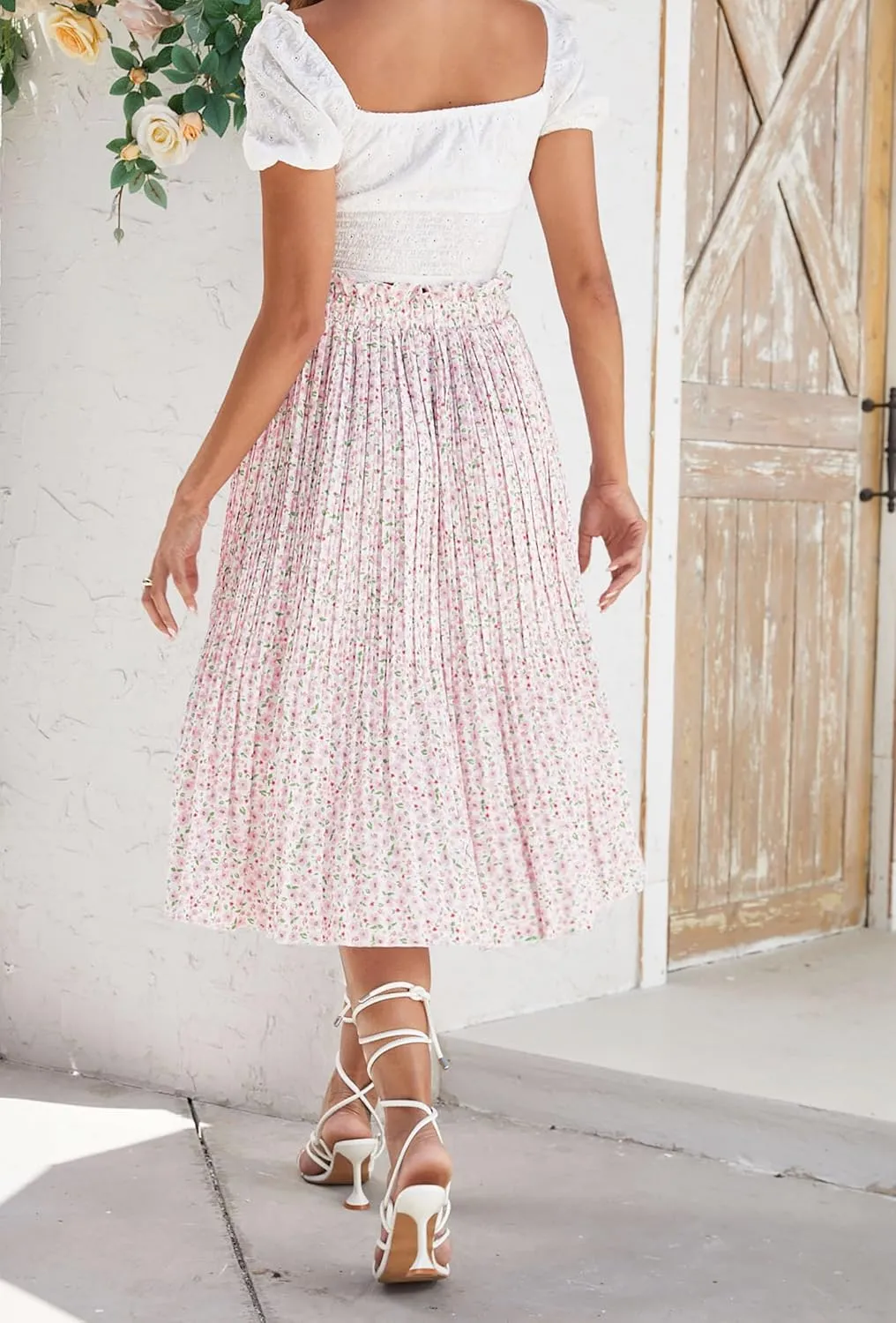 Naggoo Women's Skirts High Elastic Waisted Casual Skirt Pleated Floral/Solid Midi Skirts with Pockets