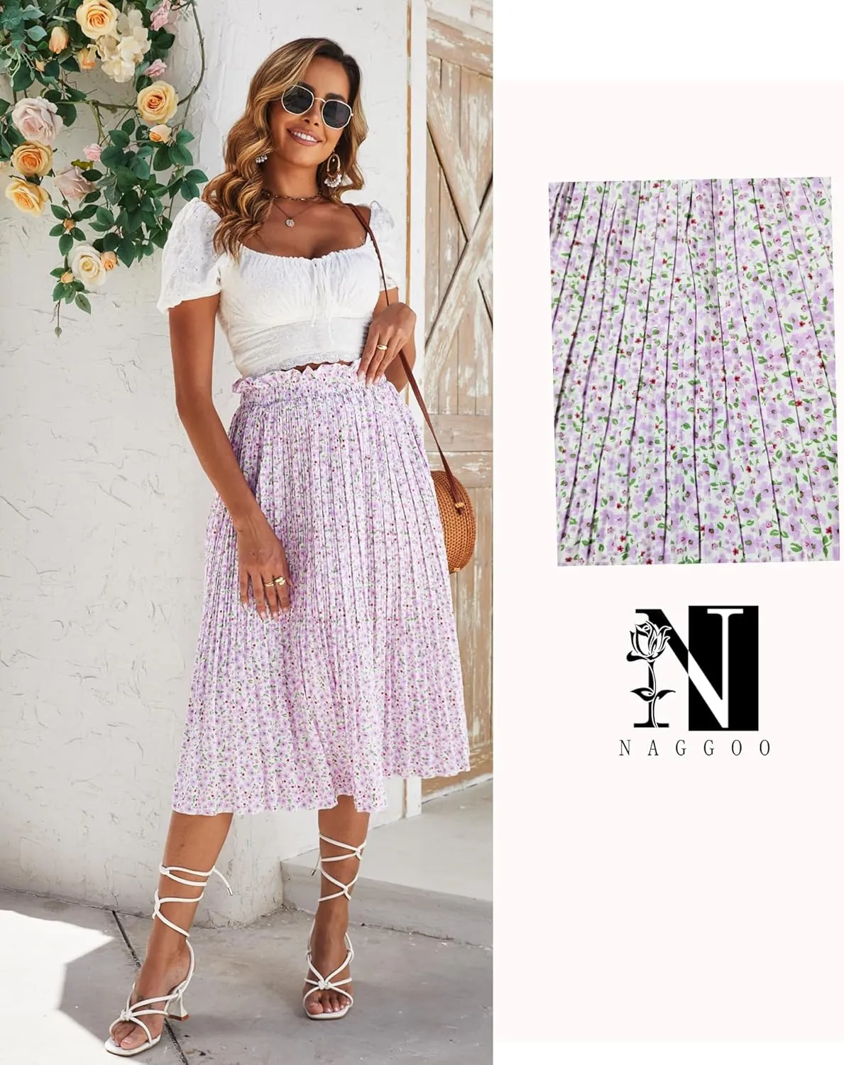 Naggoo Women's Skirts High Elastic Waisted Casual Skirt Pleated Floral/Solid Midi Skirts with Pockets