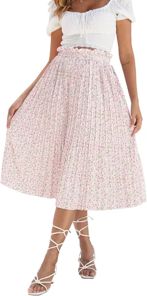 Naggoo Women's Skirts High Elastic Waisted Casual Skirt Pleated Floral/Solid Midi Skirts with Pockets
