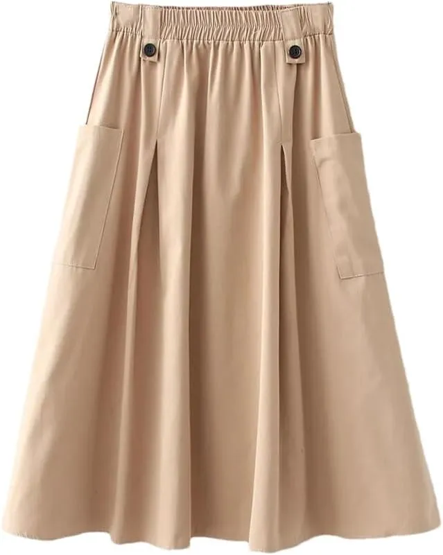 Niiyyjj Korean Summer Midi Skirt Women Cotton Pocket A-Line Casual Solid Elastic Waist Pleated Skirt