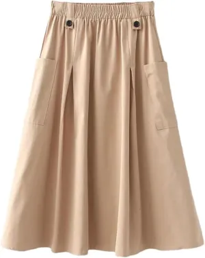 Niiyyjj Korean Summer Midi Skirt Women Cotton Pocket A-Line Casual Solid Elastic Waist Pleated Skirt