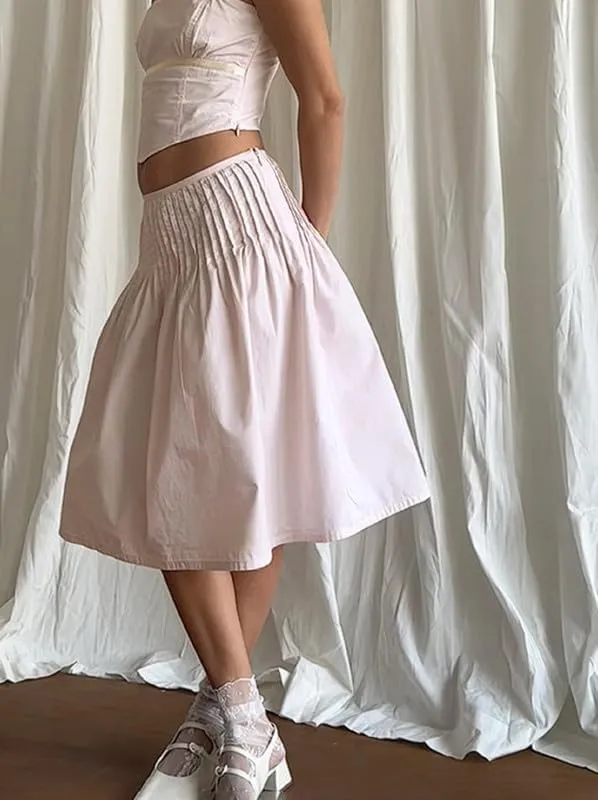 NUFIWI Womens Summer Low Waist A Line Midi Skirts Elegant Flowy Swing Tiered Long Skirt Y2K Solid Color Beach Maxi Skirts