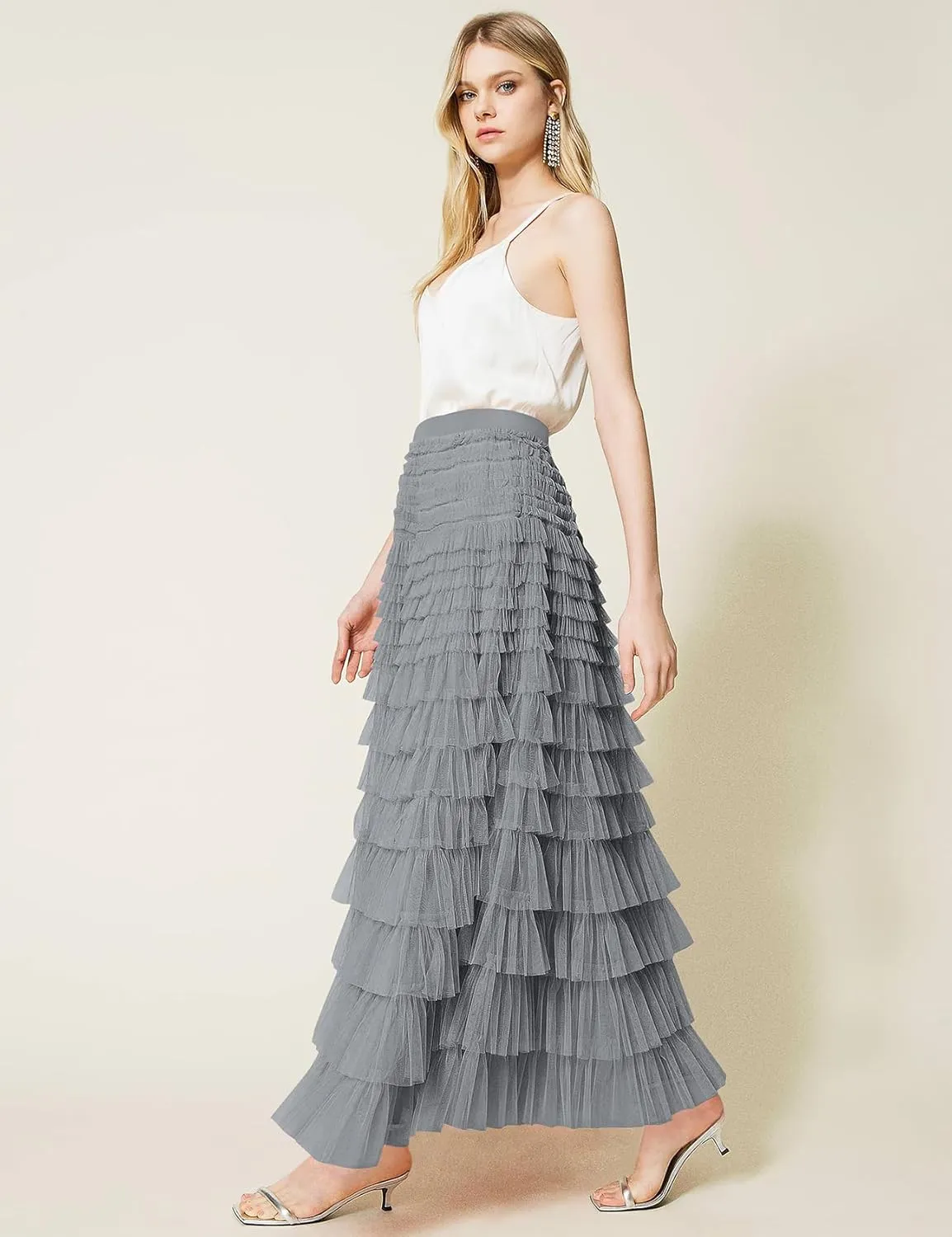 PEHMEA Women's Tiered Tulle Midi Skirt Elastic High Waist Flowy A-Line Maxi Skirts with Ruffle Layers for Party Wedding Daily