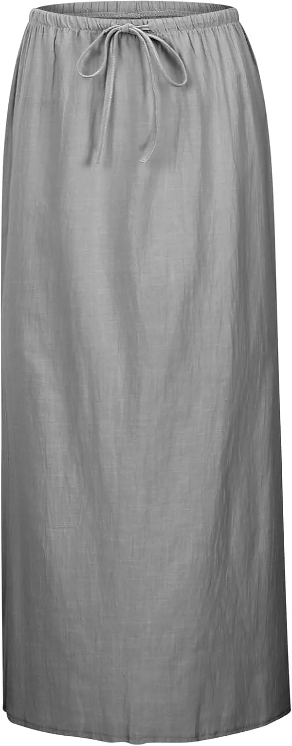 Photno Maxi Skirts for Women Linen Trendy Summer Drawstring Skirt Low Waisted A-Line Skirts Flowy Boho Beach Vacation Outfits