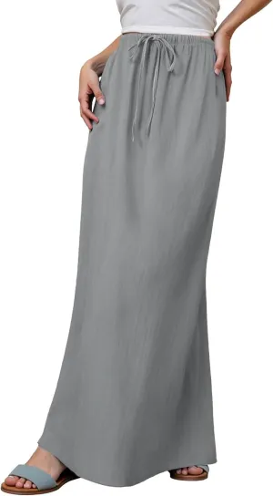 Photno Maxi Skirts for Women Linen Trendy Summer Drawstring Skirt Low Waisted A-Line Skirts Flowy Boho Beach Vacation Outfits
