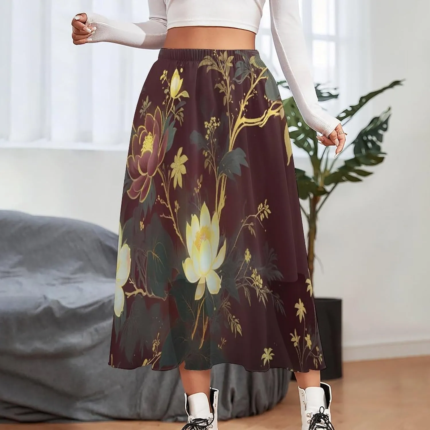 Pleated Midi Skirts for Women, Elastic High Waisted Skirt Womens Summer Skirts