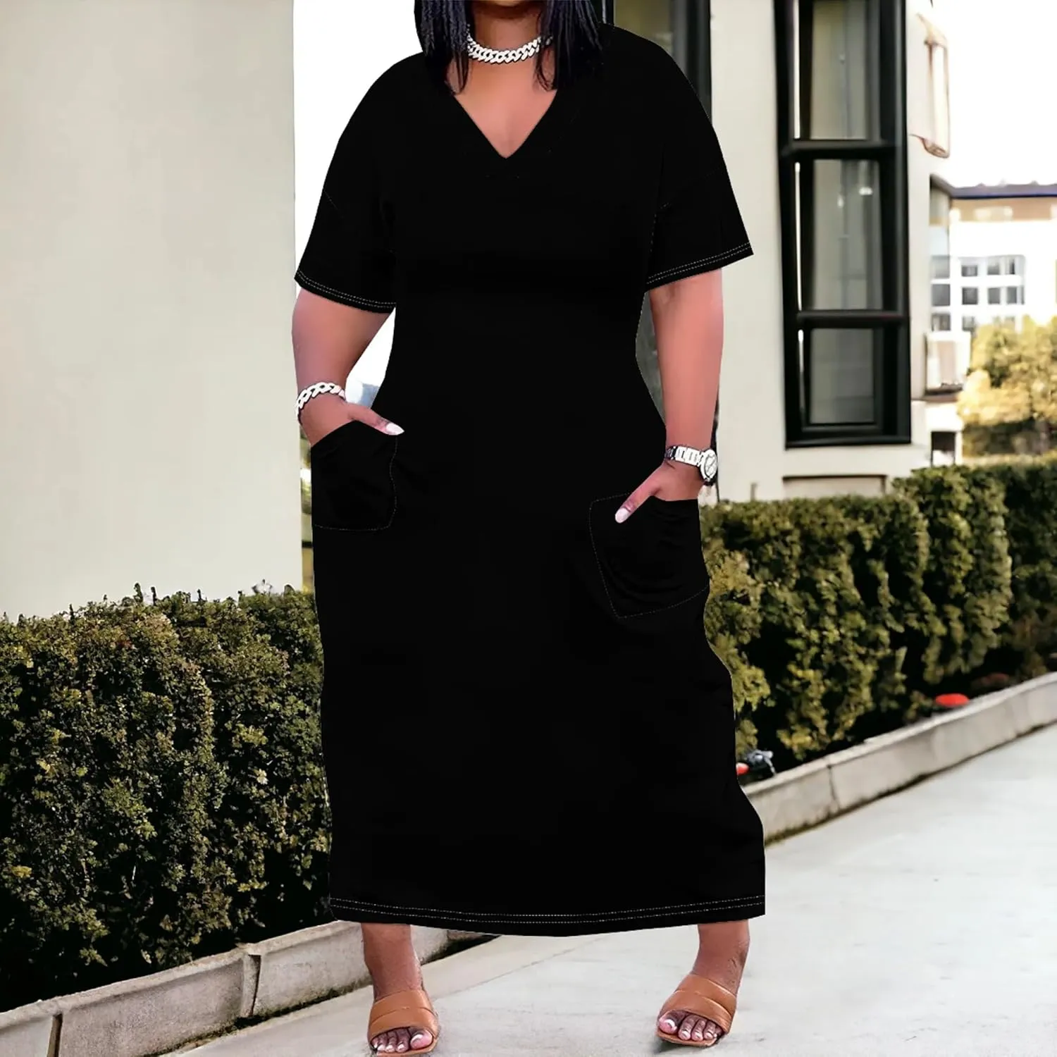 Plus Size Summer Casual Loose Dresses for Women Beach Swing Sundress Short Sleeve Tshirt Long Maxi Dress with Pockets