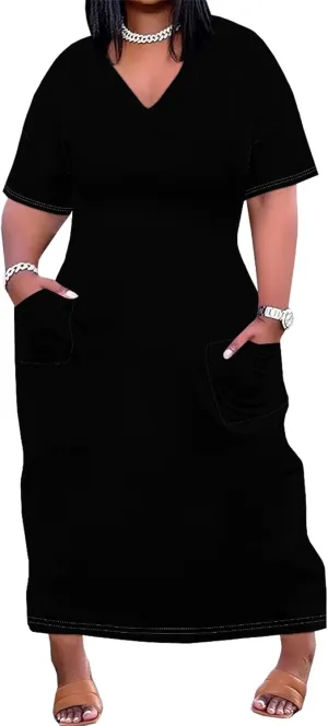 Plus Size Summer Casual Loose Dresses for Women Beach Swing Sundress Short Sleeve Tshirt Long Maxi Dress with Pockets