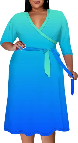 Plus Size Women's Midi Dress 3/4 Sleeves V Neck Cocktail Party Club Sundress Curvy Wrap Sexy Casual Dresses with Belt