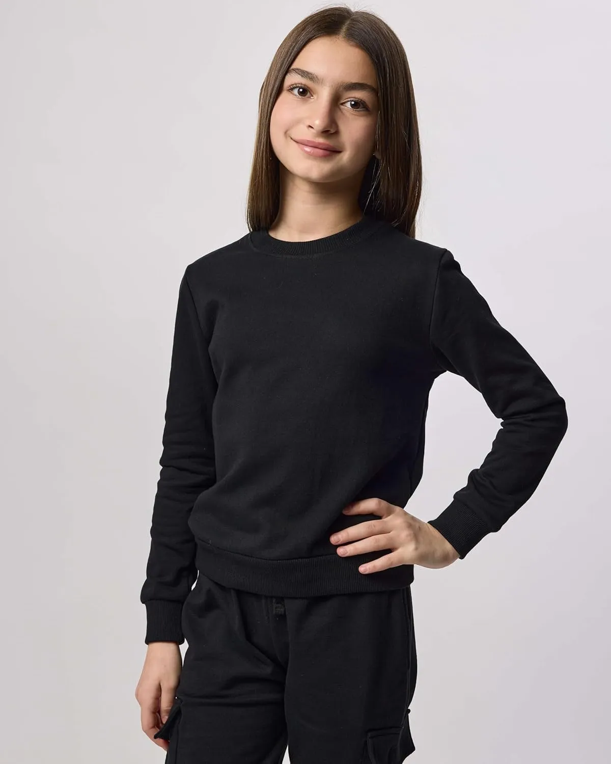Real Essentials 3-Pack: Girls Ultra-Soft & Warm Long Sleeve Fleece Crew Neck Pullover Sweatshirt