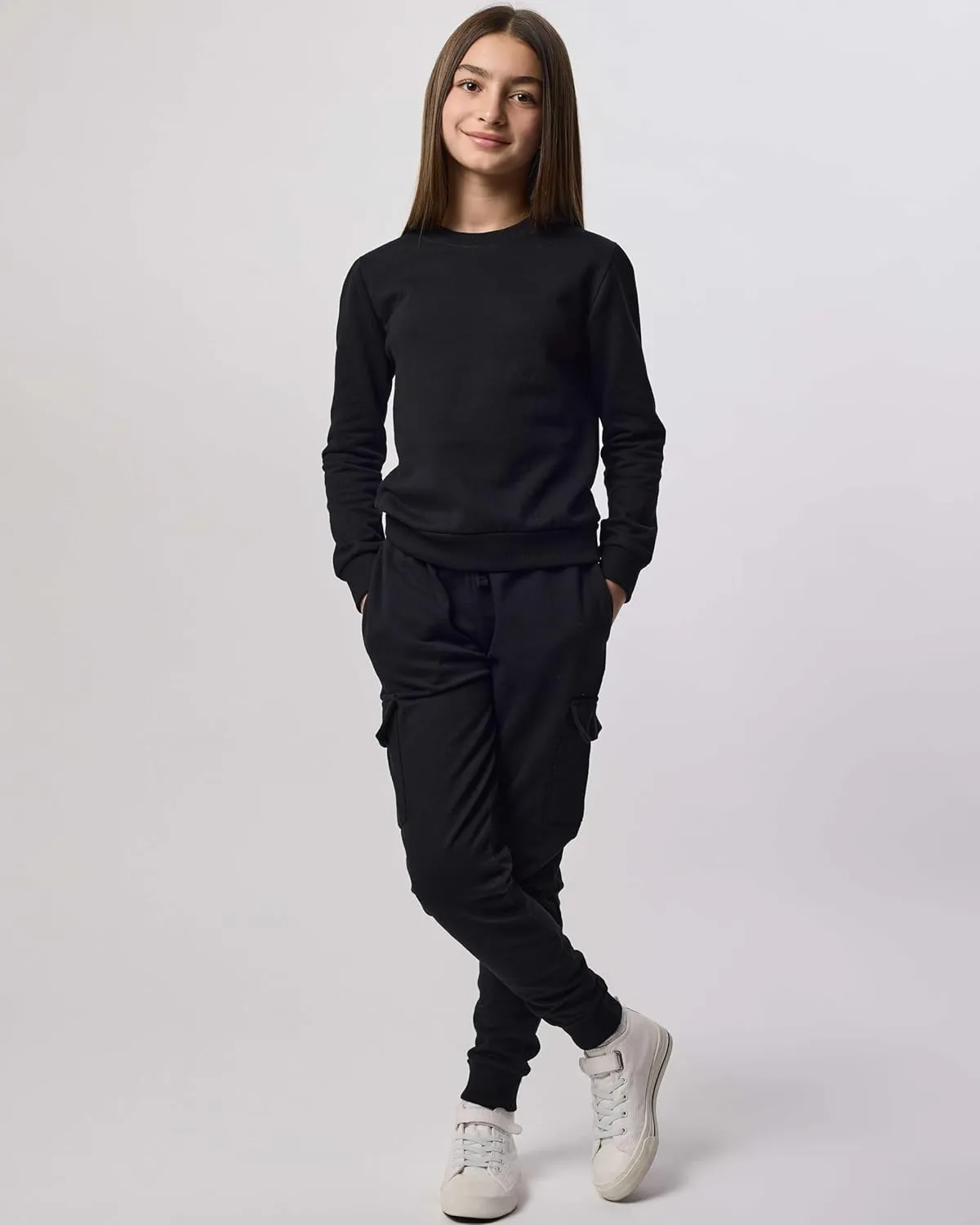 Real Essentials 3-Pack: Girls Ultra-Soft & Warm Long Sleeve Fleece Crew Neck Pullover Sweatshirt