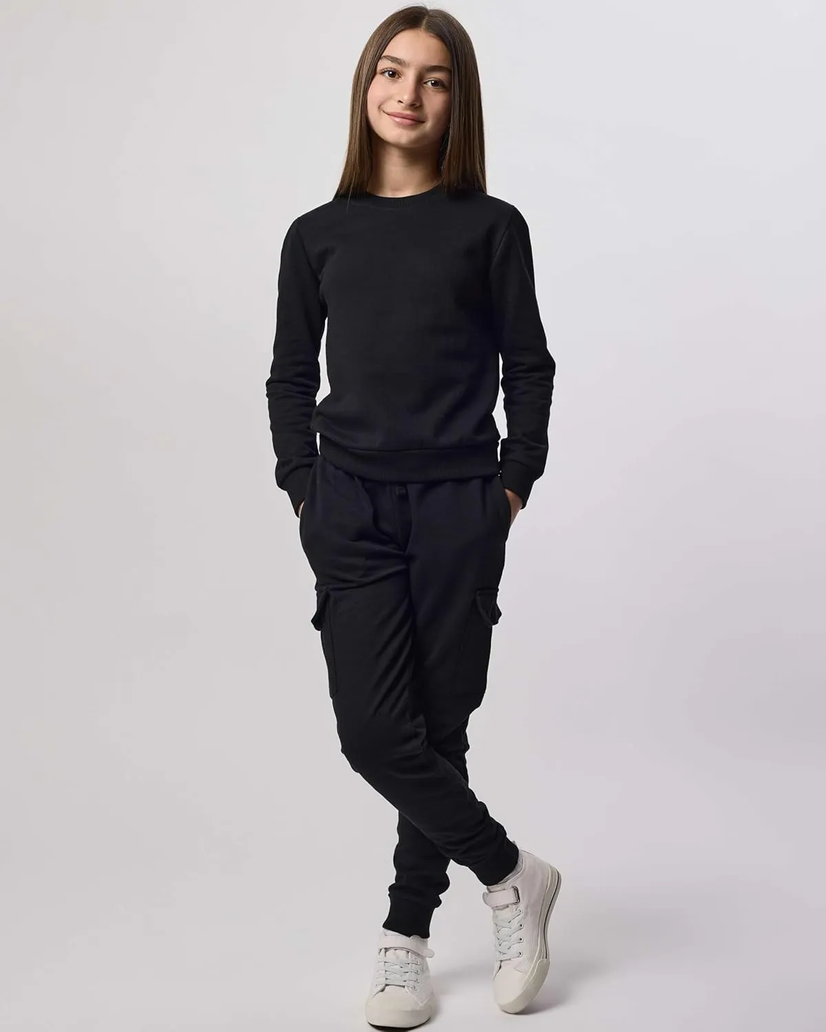 Real Essentials 3-Pack: Girls Ultra-Soft & Warm Long Sleeve Fleece Crew Neck Pullover Sweatshirt