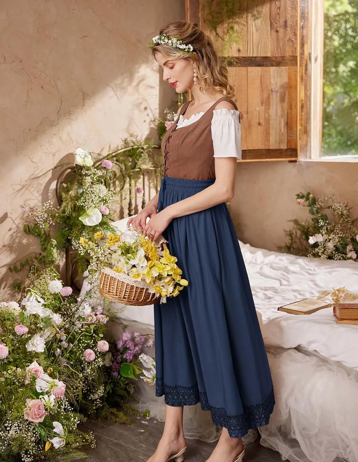 Scarlet Darkness Long Maxi Skirts for Women Elastic High Waist Drawstring Renaissance Skirt with Pockets
