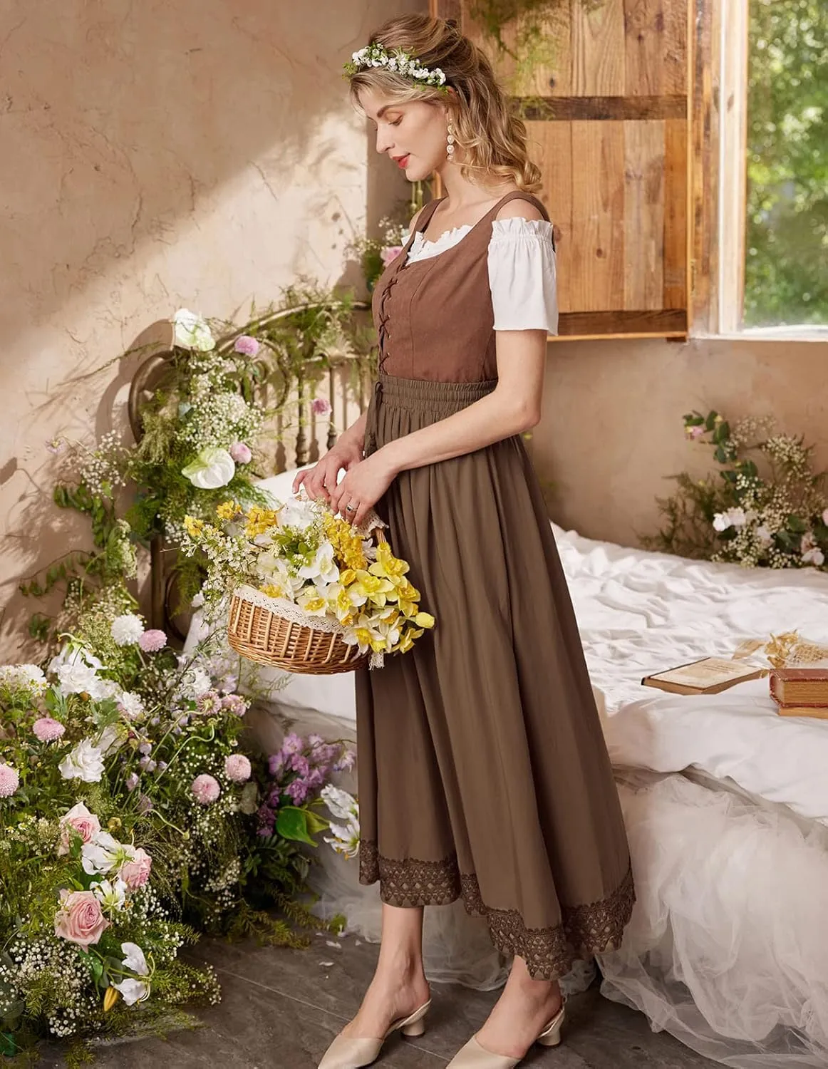 Scarlet Darkness Long Maxi Skirts for Women Elastic High Waist Drawstring Renaissance Skirt with Pockets