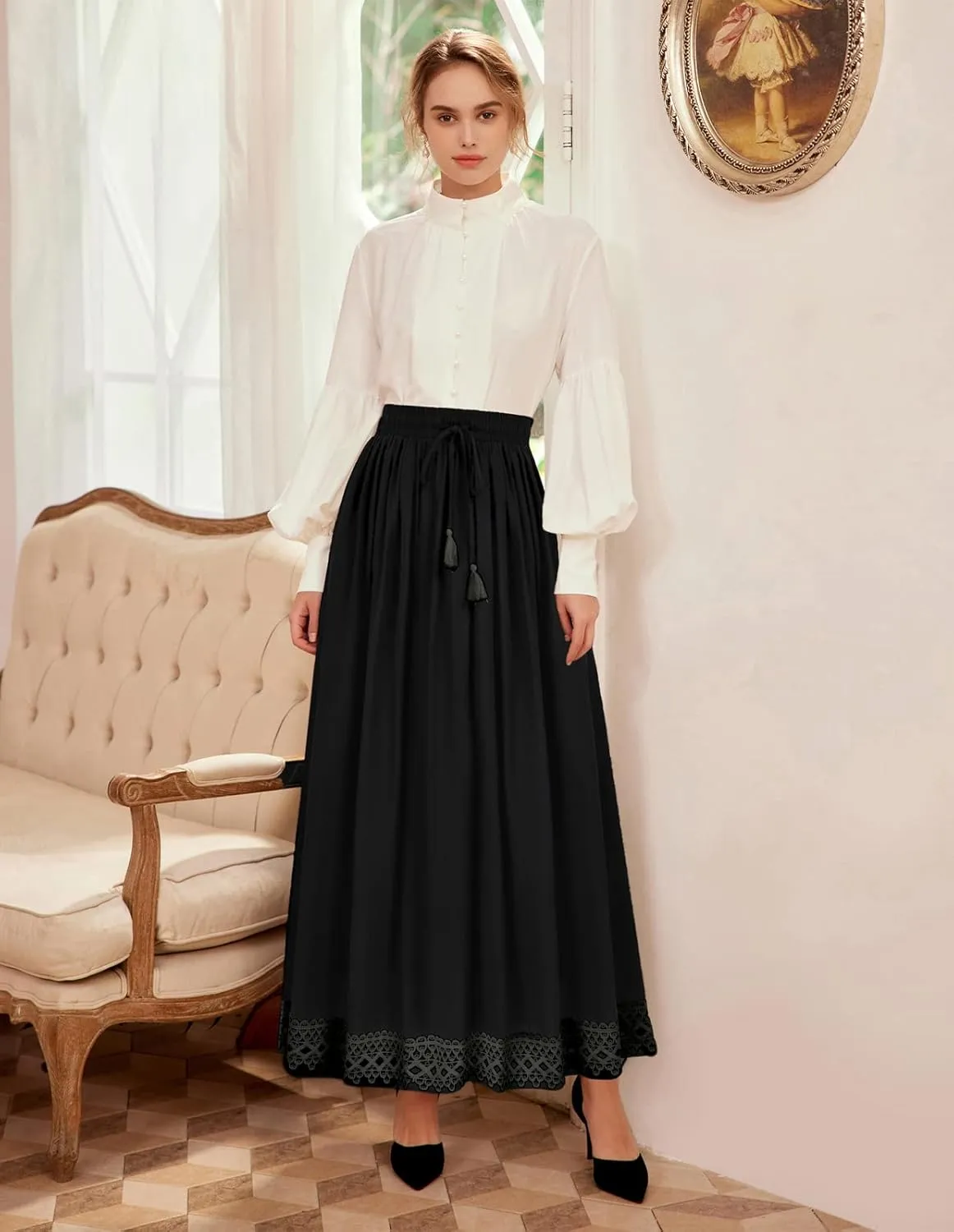 Scarlet Darkness Long Maxi Skirts for Women Elastic High Waist Drawstring Renaissance Skirt with Pockets