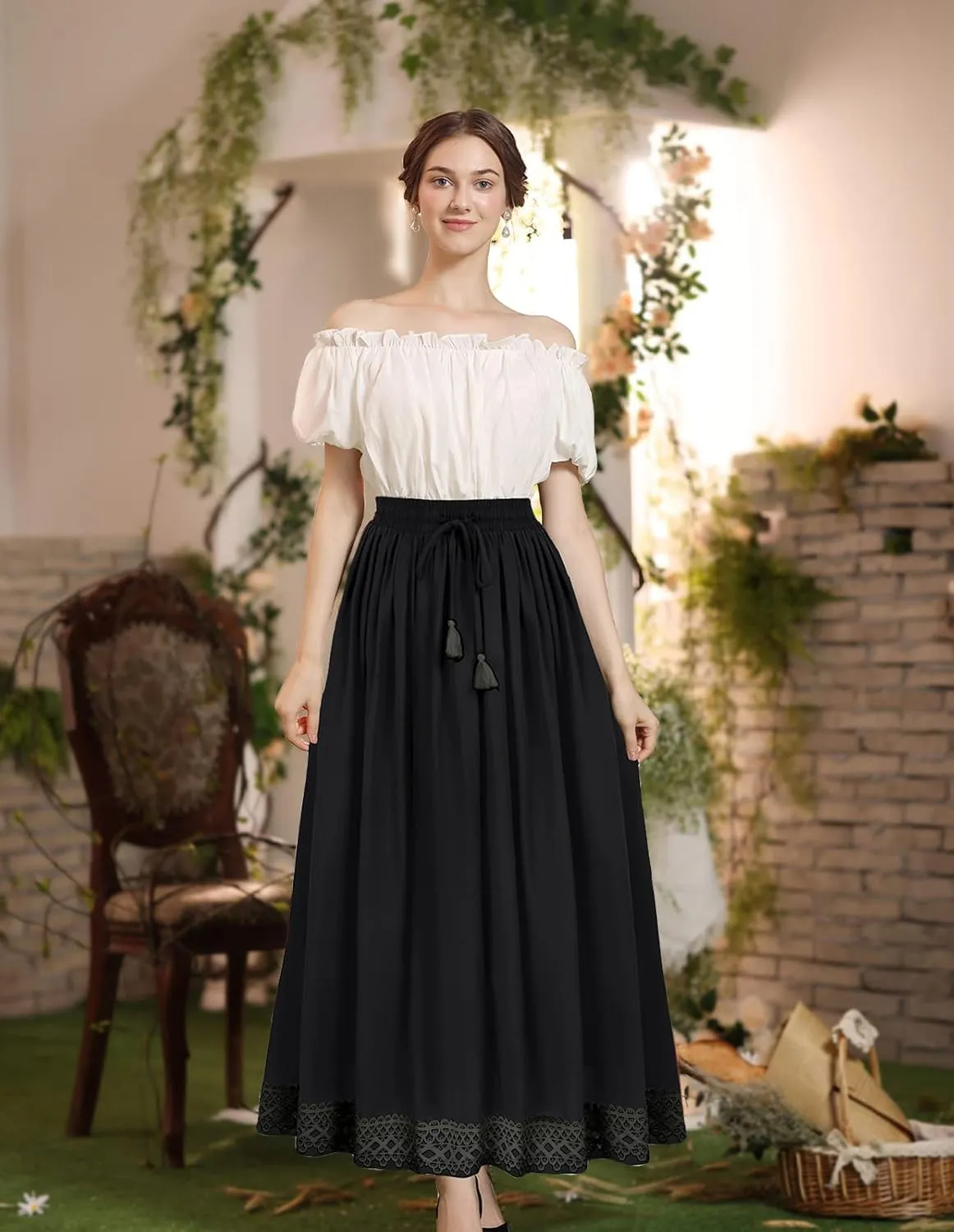 Scarlet Darkness Long Maxi Skirts for Women Elastic High Waist Drawstring Renaissance Skirt with Pockets