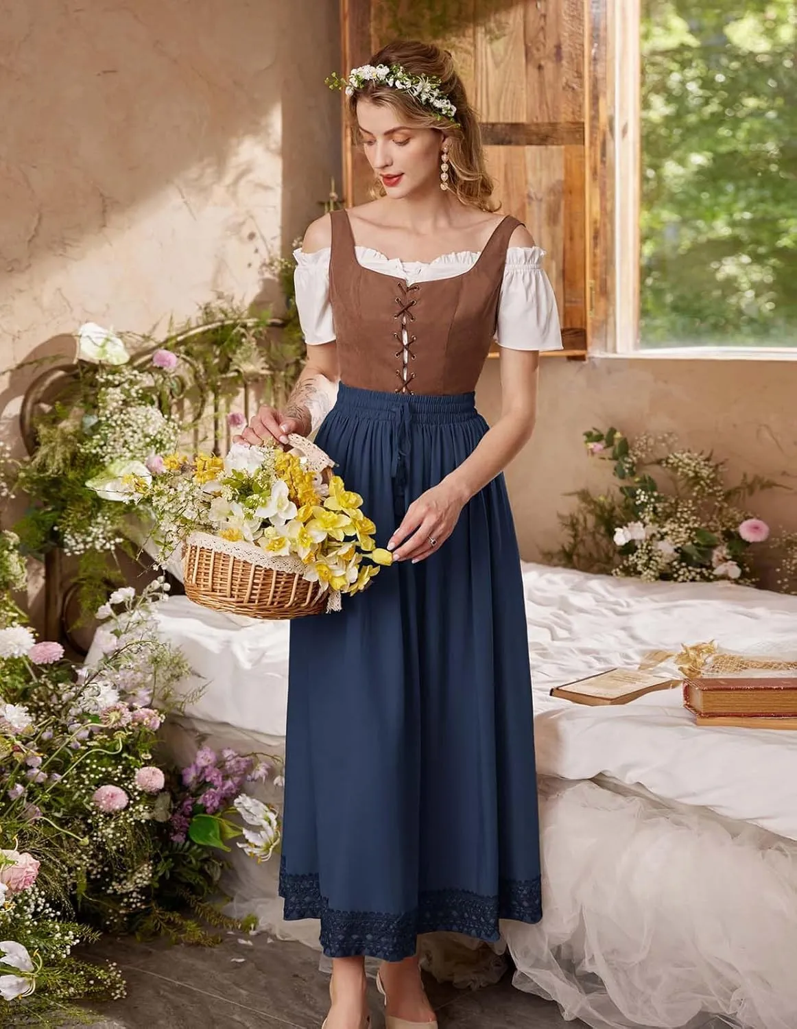 Scarlet Darkness Long Maxi Skirts for Women Elastic High Waist Drawstring Renaissance Skirt with Pockets