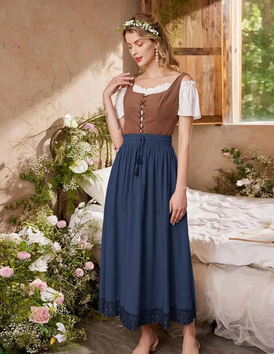 Scarlet Darkness Long Maxi Skirts for Women Elastic High Waist Drawstring Renaissance Skirt with Pockets