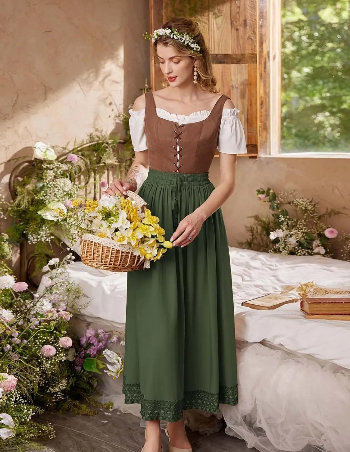 Scarlet Darkness Long Maxi Skirts for Women Elastic High Waist Drawstring Renaissance Skirt with Pockets